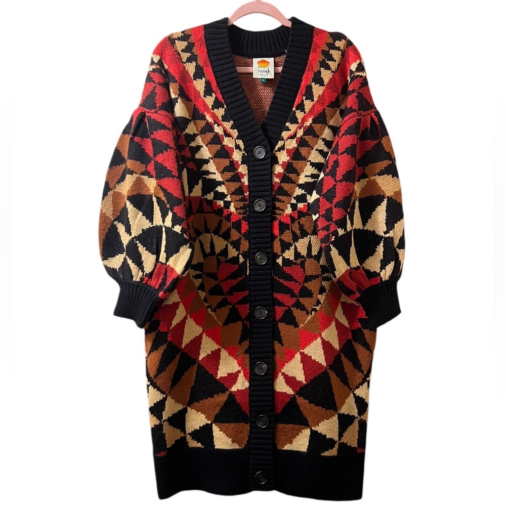 Farm Rio Cardigan Heart Art Deco Intarsia Maxi Knit Sweater Sz‎ S - Picture 3 of 11